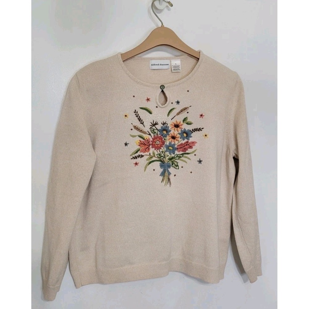 Alfred Dunner Embroidered Beaded Spring Floral Sweater Knit Womens Large Granny